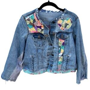 Women’s Upcycled Light Blue Denim Jacket with quilted Dove carrying the love.
